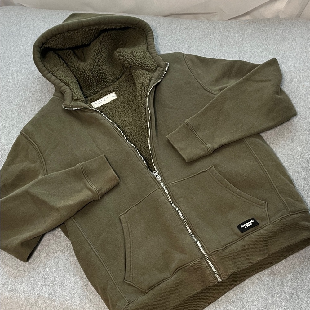 Abercrombie & Fitch Olive Green Sherpa-Lined Zip Hoodie
